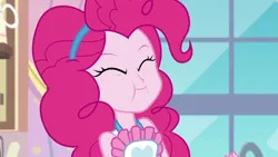 Size: 1280x720 | Tagged: safe, derpibooru import, screencap, pinkie pie, equestria girls, equestria girls series, the craft of cookies, spoiler:eqg series (season 2), apron, clothes, cute, diapinkes, eyes closed, solo