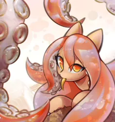 Size: 1235x1302 | Tagged: safe, artist:mirroredsea, derpibooru import, oc, unofficial characters only, monster pony, octopony, octopus, original species, pony, tentacle pony, :p, abstract background, female, i've seen enough hentai to know where this is going, licking, looking at you, mare, monster mare, shiny, silly, solo, tentacles, tongue out