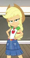 Size: 482x941 | Tagged: safe, derpibooru import, screencap, applejack, diy with applejack, equestria girls, equestria girls series, spoiler:eqg series (season 2), applejack's hat, belt, clothes, cowboy hat, cropped, denim skirt, freckles, geode of super strength, hat, looking at you, magical geodes, skirt, smiling, stetson