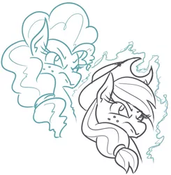 Size: 657x670 | Tagged: safe, artist:jargon scott, derpibooru import, applejack, pear butter, earth pony, ghost, pony, undead, applejack's hat, bust, cowboy hat, duo, female, hat, jojo's bizarre adventure, mare, monochrome, mother and child, mother and daughter, scrunchie, simple background, stand, white background