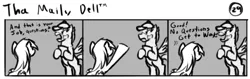 Size: 802x253 | Tagged: safe, artist:tetrapony, derpibooru import, derpy hooves, pegasus, pony, comic:the daily derp, comic, female, mare, monochrome, the maily dell™