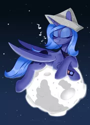 Size: 2126x2953 | Tagged: safe, artist:shadowreindeer, derpibooru import, princess luna, alicorn, pony, cartographer's cap, cute, earbuds, eyes closed, female, hat, ipod, lunabetes, mare, moon, mp3 player, music notes, paper hat, pony bigger than a planet, s1 luna, solo, space, tangible heavenly object