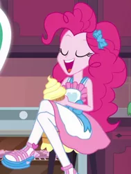 Size: 480x636 | Tagged: safe, derpibooru import, screencap, pinkie pie, equestria girls, equestria girls series, the craft of cookies, spoiler:eqg series (season 2), apron, clothes, cropped, crossed legs, cupcake, cute, diapinkes, food, frosting, kitchen, legs, open mouth