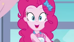 Size: 1280x720 | Tagged: safe, derpibooru import, screencap, pinkie pie, equestria girls, equestria girls series, the craft of cookies, spoiler:eqg series (season 2), cute, diapinkes, happy, looking at you, smiling, solo