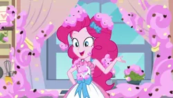Size: 1280x720 | Tagged: safe, derpibooru import, screencap, pinkie pie, equestria girls, equestria girls series, the craft of cookies, spoiler:eqg series (season 2), apron, clothes, cute, diapinkes, female, food, frosting, kitchen, open mouth, smiling, solo