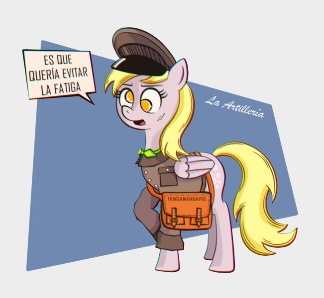 Size: 1900x1750 | Tagged: safe, artist:la artillería, derpibooru import, derpy hooves, pegasus, pony, abstract background, chromatic aberration, el chavo del 8, female, jaimito, latin american, mailmare, mare, mexico, open mouth, postman, postman's hat, simple background, solo, spanish, tangamandapio