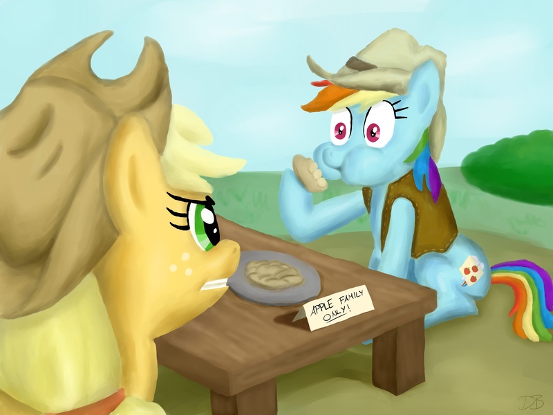 Size: 4000x3000 | Tagged: safe, artist:werdkcub, derpibooru import, applejack, rainbow dash, pony, apple family reunion, apple fritter (food), applejack is not amused, clothes, disguise, fake cutie mark, food, hat, paper-thin disguise, unamused, vest