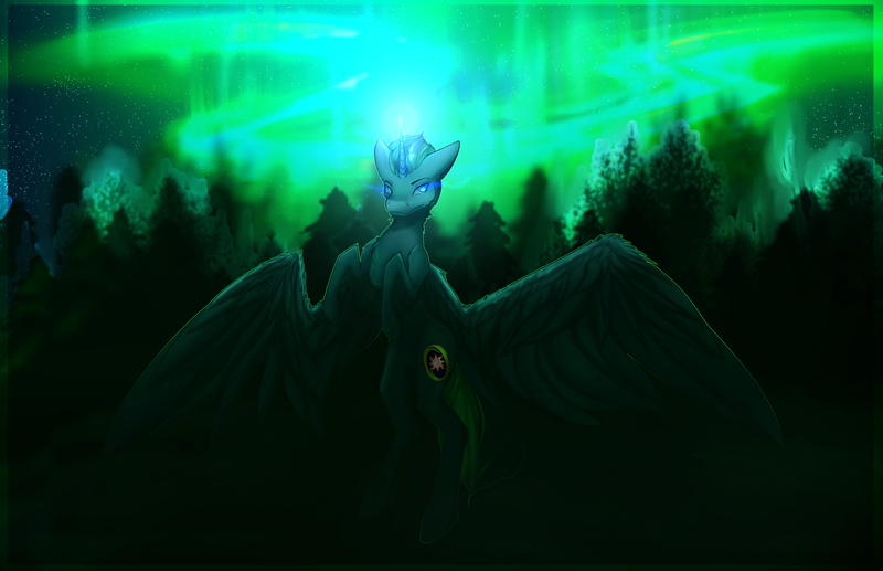 Size: 3111x2009 | Tagged: safe, artist:esth-official, derpibooru import, oc, oc:midnight (dimensional shift), alicorn, pony, alicorn oc, aurora borealis, black coat, black mane, blue eyes, complex background, determined, flying, green mane, horn, magic, night, rearing, spread wings, wings