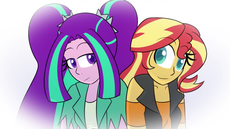 Size: 1280x720 | Tagged: safe, artist:jake heritagu, derpibooru import, aria blaze, sunset shimmer, comic:aria's archives, equestria girls, equestria girls series, female, lesbian, looking at each other, shipping, sunblaze