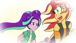 Size: 1280x720 | Tagged: safe, artist:jake heritagu, derpibooru import, aria blaze, sunset shimmer, comic:aria's archives, equestria girls, equestria girls series, female, lesbian, looking at each other, shipping, sunblaze