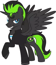 Size: 3204x3733 | Tagged: safe, artist:lightning stripe, derpibooru import, oc, oc:midnight (dimensional shift), alicorn, pony, alicorn oc, black, black coat, clothes, cowlick, cutie mark, green, horn, jacket, request, requested art, shirt, show accurate, simple background, solo, tail, transparent background, wings