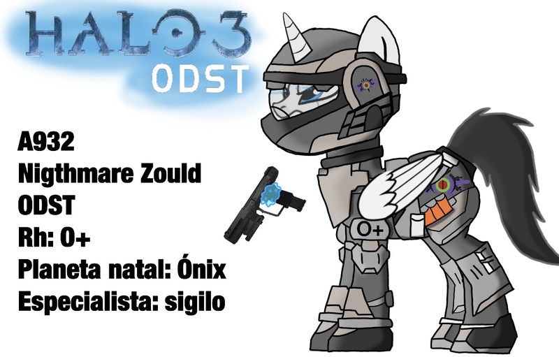 Size: 1126x719 | Tagged: safe, artist:thunder burst, derpibooru import, oc, oc:nigthmarezould, alicorn, pony, alicorn oc, armor, gun, halo, halo (series), halo 3, handgun, horn, odst, pistol, solo, spanish, weapon, wings