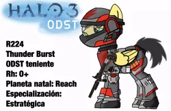 Size: 1111x720 | Tagged: safe, artist:thunder burst, derpibooru import, oc, oc:thunder burst, pegasus, pony, armor, halo, halo (series), halo 3, odst, soldier, solo, spanish, weapon