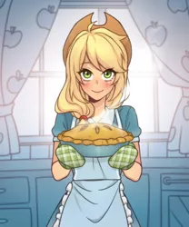 Size: 1000x1200 | Tagged: safe, artist:dcon, derpibooru import, applejack, equestria girls, spoiler:comic, spoiler:comic72, anime, applejack's hat, apron, beautiful, blushing, clothes, cowboy hat, cute, dress, equestria girls interpretation, female, food, freckles, hat, jackabetes, kitchen, looking at you, moe, oven mitts, pie, scene interpretation, smiling, solo, stetson, window