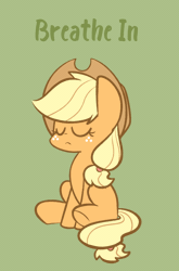 Size: 930x1412 | Tagged: safe, artist:typhwosion, derpibooru import, applejack, earth pony, pony, :c, :o, animated, applejack's hat, breathing, cowboy hat, cute, eyes closed, female, freckles, frown, gif, green background, hat, jackabetes, mare, missing cutie mark, open mouth, positive ponies, relaxing, simple background, sitting, solo, text, underhoof