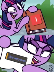 Size: 760x1015 | Tagged: safe, artist:quarium edits, derpibooru import, twilight sparkle, twilight sparkle (alicorn), alicorn, pony, @everyone, discord (program), exploitable meme, image macro, meme, twilight's fact book