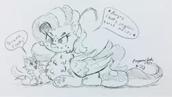 Size: 3126x1771 | Tagged: safe, artist:floofyfoxcomics, derpibooru import, oc, oc:peppermint mocha (pegasusjedi), fennec fox, fox, pegasus, pony, angry horse noises, female, fluffy, horse noises, mare, monochrome, prone, traditional art