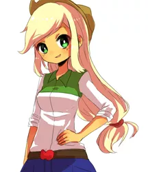 Size: 640x740 | Tagged: safe, artist:weiliy, derpibooru import, applejack, human, equestria girls, anime, applejack's hat, belt, blushing, clothes, cowboy hat, cute, denim, denim skirt, female, freckles, hair tie, hand on hip, hat, looking at you, moe, open mouth, pixiv, ponytail, pose, rolled up sleeves, simple background, skirt, smiling, solo, stetson, white background