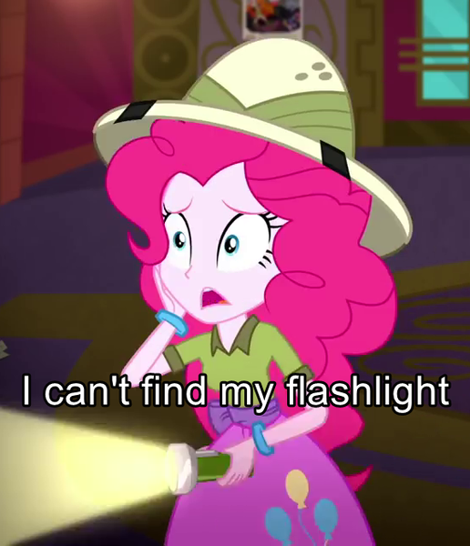 Size: 550x640 | Tagged: safe, derpibooru import, edit, edited screencap, screencap, pinkie pie, eqg summertime shorts, equestria girls, the canterlot movie club, cropped, fail, flashlight (object), hat, pith helmet, silly, solo, text edit