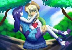 Size: 3886x2717 | Tagged: safe, artist:mantarwolf, derpibooru import, applejack, rarity, human, equestria girls, equestria girls series, applejack's hat, carrying, clothes, cowboy hat, cute, denim skirt, female, freckles, hat, high heels, lesbian, rarijack, shipping, shirt, shoes, skirt, smiling, stetson, tree