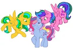 Size: 660x438 | Tagged: safe, artist:skypinpony, derpibooru import, masquerade (g1), sweet stuff, whizzer, pegasus, pony, twinkle eyed pony, bow, female, flying, g1, lesbian, ms paint, polyamory, shipping, simple background, tail bow, trio