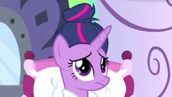 Size: 1280x720 | Tagged: safe, derpibooru import, screencap, twilight sparkle, twilight sparkle (alicorn), alicorn, pony, rarity's biggest fan, spoiler:interseason shorts, alternate hairstyle, bathrobe, bun hairstyle, clothes, hair bun, robe, solo, spa, updo