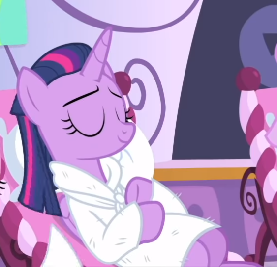 Size: 563x544 | Tagged: safe, derpibooru import, screencap, twilight sparkle, twilight sparkle (alicorn), alicorn, pony, rarity's biggest fan, spoiler:interseason shorts, alternate hairstyle, bathrobe, clothes, cropped, eyes closed, female, ponyville spa, reclining, relaxing, robe