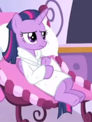 Size: 352x467 | Tagged: safe, derpibooru import, screencap, twilight sparkle, twilight sparkle (alicorn), alicorn, pony, rarity's biggest fan, spoiler:interseason shorts, alternate hairstyle, clothes, cropped, female, mare, robe, solo
