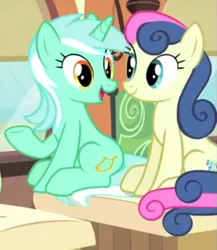 Size: 545x627 | Tagged: safe, derpibooru import, screencap, bon bon, lyra heartstrings, sweetie drops, pony, rarity's biggest fan, spoiler:interseason shorts, cropped, ponies sitting next to each other, sitting