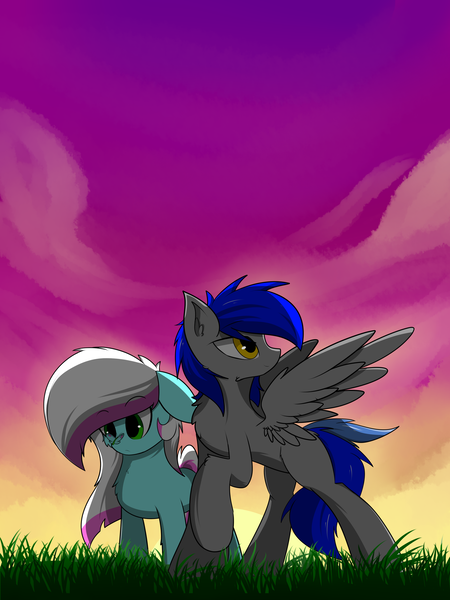 Size: 2121x2828 | Tagged: safe, artist:llhopell, derpibooru import, oc, oc:hope(llhopell), oc:soffy, butterfly, pony, duo, female, hoffy, male, sky, wings