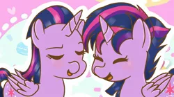 Size: 1024x572 | Tagged: safe, artist:parn, derpibooru import, twilight sparkle, twilight sparkle (alicorn), alicorn, pony, castle sweet castle, rarity's biggest fan, spoiler:interseason shorts, alternate hairstyle, cool, duality, hair, love, punklight sparkle, twins