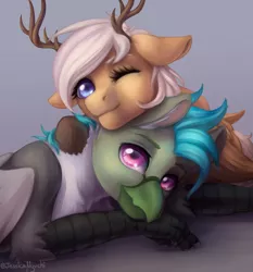 Size: 1008x1080 | Tagged: safe, artist:jessicanyuchi, derpibooru import, oc, oc:antler pone, oc:fluffy (the griffon), unofficial characters only, gryphon, pony, antlers, chest fluff, looking at you, lying down, neck fluff, wings