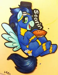 Size: 776x1000 | Tagged: artist:onnanoko, badge, cute, derpibooru import, food, pie, safe, soarin', soarinbetes, solo, that pony sure does love pies, traditional art