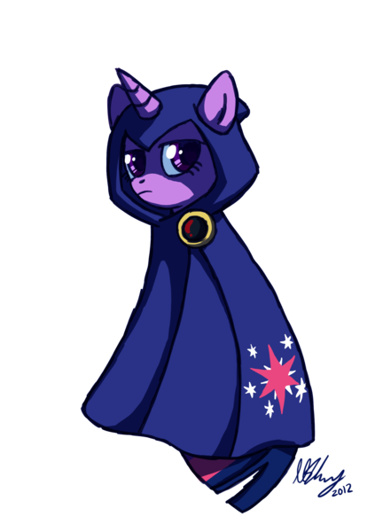 Size: 1748x2480 | Tagged: safe, artist:projectzuel, derpibooru import, twilight sparkle, twilight sparkle (alicorn), alicorn, pony, unicorn, actor allusion, cloak, clothes, crossover, female, mare, raven (teen titans), simple background, sitting, solo, tara strong, teen titans, transparent background, twiraven, voice actor joke