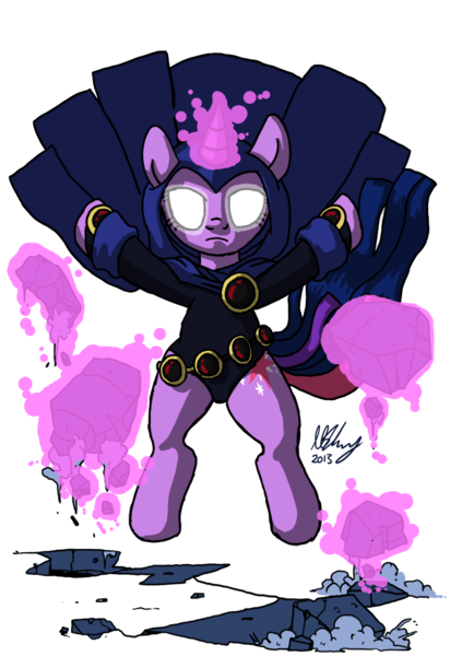 Size: 700x993 | Tagged: safe, artist:projectzuel, derpibooru import, twilight sparkle, twilight sparkle (alicorn), alicorn, pony, actor allusion, aura, belt, cape, cloak, clothes, floating, hood, magic, raven (teen titans), signature, tara strong, telekinesis, twiraven, voice actor joke, white eyes