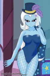 Size: 2000x3000 | Tagged: suggestive, artist:chuyryu, derpibooru import, trixie, equestria girls, equestria girls series, street magic with trixie, spoiler:eqg series (season 2), bare shoulders, breasts, busty trixie, cameltoe, clothes, fishnets, hat, hips, leotard, looking at you, magician outfit, nail polish, seductive, seductive look, sexy, stupid sexy trixie, top hat