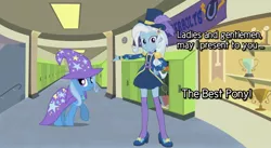 Size: 1208x662 | Tagged: safe, derpibooru import, trixie, unicorn, equestria girls, equestria girls series, street magic with trixie, spoiler:eqg series (season 2), adorasexy, barrette, beautiful, beautisexy, best pony, cape, clothes, cute, diatrixes, dressing, epaulettes, hairclip, hairpin, hat, high heels, jacket, legs, looking at you, presenting, school, sexy, shoes, smiling, socks, stockings, thigh highs, top hat, trixie's cape, trixie's hat, zettai ryouiki