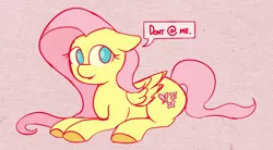 Size: 1200x664 | Tagged: safe, artist:niteax, derpibooru import, fluttershy, pegasus, pony, @, abstract background, cute, dialogue, don't @ me, female, floppy ears, hooves, looking at you, mare, open mouth, prone, reaction image, smiling, solo