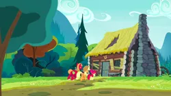 Size: 1440x809 | Tagged: safe, derpibooru import, screencap, apple bloom, applejack, big macintosh, earth pony, pony, the perfect pear, apple siblings, apple sisters, brother and sister, female, filly, goldie delicious' house, house, log cabin, male, mare, siblings, sisters, stallion, trio