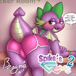 Size: 2000x2000 | Tagged: suggestive, artist:brownieclop, deleted from derpibooru, derpibooru import, spike, dragon, art pack:spike's gems 2, and then spike was gay, art pack, blushing, butt, clothes, crotch bulge, dialogue, dialogues, dragonbutt, femboy, femboy spike, image, male, png, promo, shorts, solo, solo male, sports shorts, winged spike, wings