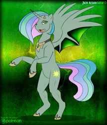 Size: 1101x1280 | Tagged: safe, artist:foxbeast, derpibooru import, princess celestia, alicorn, demon, pony, comic:celestia's corruption, bat wings, dragon eyes, fangs, horns, transformation, transformation sequence, wings