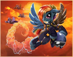 Size: 1400x1084 | Tagged: safe, artist:harwick, derpibooru import, fleetfoot, rainbow dash, soarin', spitfire, pegasus, pony, the cutie re-mark, alternate timeline, amputee, apocalypse dash, artificial wings, augmented, clothes, cloud, crystal war timeline, female, flying, helmet, mare, prosthetic limb, prosthetic wing, prosthetics, rainbow dash day, recruitment poster, sky, smiling, uniform, wings, wonderbolts