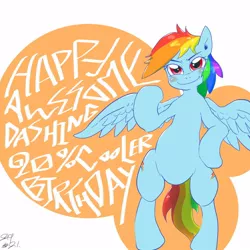 Size: 1000x1000 | Tagged: safe, artist:sozglitch, derpibooru import, rainbow dash, pegasus, pony, 20% cooler, awesome, bipedal, happy birthday, rainbow dash day, rainbow dash's birthday, simple background, solo, white background