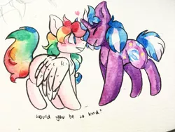 Size: 1024x768 | Tagged: safe, artist:sprinkleswaterfall, derpibooru import, beach ball (g1), starshine, pegasus, pony, unicorn, beachshine, dodie, duo, female, g1, lesbian, nose rub, rainbow ponies, shipping, song reference, sunshine ponies, traditional art, tropical ponies, watercolor painting, would you be so kind