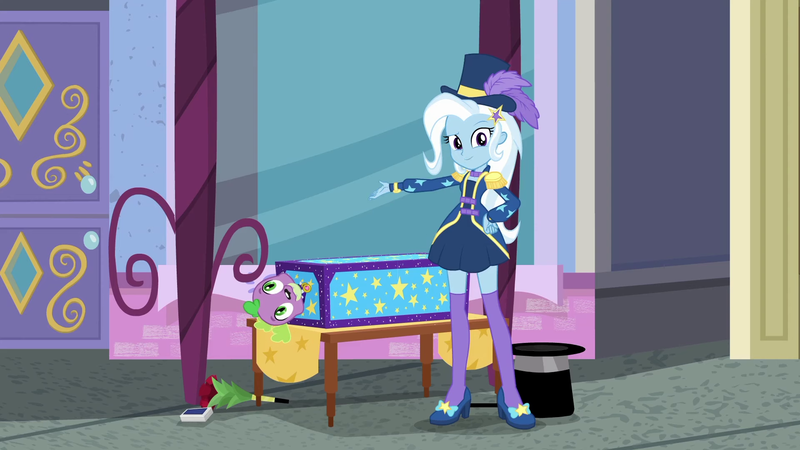 Size: 1920x1080 | Tagged: safe, derpibooru import, screencap, spike, spike the regular dog, trixie, dog, equestria girls, equestria girls series, street magic with trixie, spoiler:eqg series (season 2), barrette, beautiful, clothes, cute, cylinder, diatrixes, dressing, epaulettes, female, hairclip, hairpin, hat, high heels, jacket, legs, looking at you, magic trick, playing card, shoes, skirt, smiling, socks, solo, standing, stockings, thigh highs, top hat, zettai ryouiki