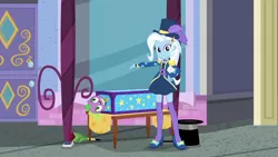 Size: 1920x1080 | Tagged: safe, derpibooru import, screencap, spike, spike the regular dog, trixie, dog, equestria girls, equestria girls series, street magic with trixie, spoiler:eqg series (season 2), barrette, beautiful, clothes, cute, cylinder, diatrixes, dressing, epaulettes, female, hairclip, hairpin, hat, high heels, jacket, legs, looking at you, magic trick, playing card, shoes, skirt, smiling, socks, solo, standing, stockings, thigh highs, top hat, zettai ryouiki