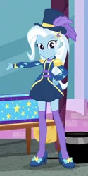 Size: 496x995 | Tagged: safe, derpibooru import, screencap, trixie, equestria girls, equestria girls series, street magic with trixie, spoiler:eqg series (season 2), adorasexy, barrette, beautiful, beautisexy, box, clothes, cropped, cute, diatrixes, dressing, epaulettes, female, hairclip, hairpin, hat, high heels, jacket, legs, looking at you, magic trick, magician outfit, raised eyebrow, sexy, shoes, short dress, smiling, socks, solo, standing, stockings, thigh highs, top hat, zettai ryouiki
