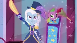 Size: 1142x643 | Tagged: safe, derpibooru import, screencap, spike, spike the regular dog, trixie, dog, equestria girls, equestria girls series, street magic with trixie, spoiler:eqg series (season 2), box, box sawing trick, clothes, cropped, female, hat, magic, magic trick, male, shorts, smiling, sword, top hat, weapon