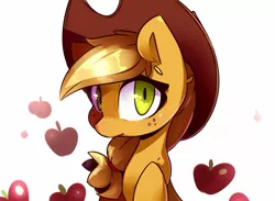 Size: 1465x1073 | Tagged: safe, artist:bloodatius, derpibooru import, applejack, earth pony, pony, apple, applejack's hat, cowboy hat, female, food, freckles, hat, looking at you, mare, solo, stetson