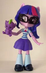 Size: 1977x3129 | Tagged: safe, artist:whatthehell!?, derpibooru import, sci-twi, spike, twilight sparkle, dragon, equestria girls, equestria girls series, clothes, doll, equestria girls minis, glasses, irl, photo, ponied up, ponytail, shoes, skirt, socks, toy